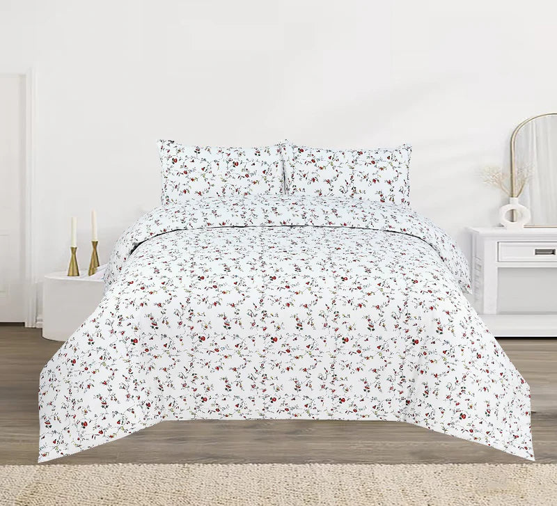 Floral patterned bedding set on a bed in a bedroom setting