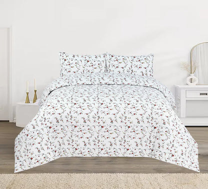 Floral patterned bedding set on a bed in a bedroom setting